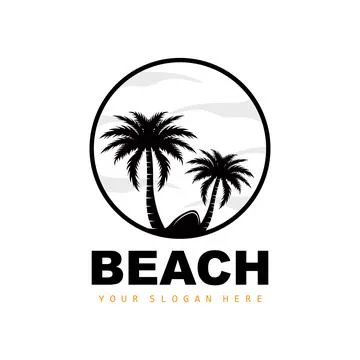 Coconut Tree Logo With Beach Atmosphere, Beach Plant Vector, Sunset View Desi Illustrazione stock