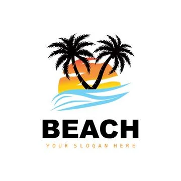 Coconut Tree Logo With Beach Atmosphere, Beach Plant Vector, Sunset View Desi Illustrazione stock