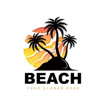 Coconut Tree Logo With Beach Atmosphere, Beach Plant Vector, Sunset View Desi 스톡 일러스트