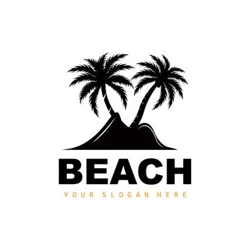 Coconut Tree Logo With Beach Atmosphere, Beach Plant Vector, Sunset View Desi Illustrazione stock