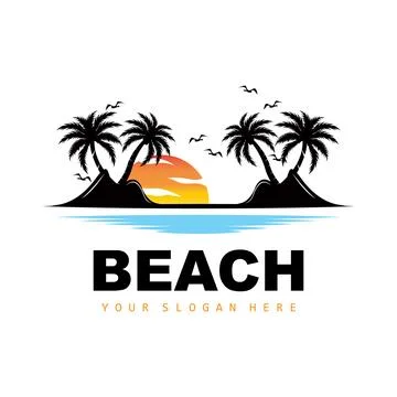 Coconut Tree Logo With Beach Atmosphere, Beach Plant Vector, Sunset View Desi Illustrazione stock
