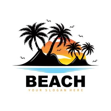 Coconut Tree Logo With Beach Atmosphere, Beach Plant Vector, Sunset View Desi Stock Illustration