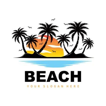 Coconut Tree Logo With Beach Atmosphere, Beach Plant Vector, Sunset View Desi Illustrazione stock