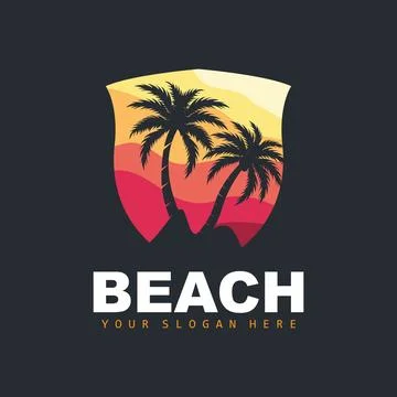 Coconut Tree Logo With Beach Atmosphere, Beach Plant Vector, Sunset View Desi Illustrazione stock