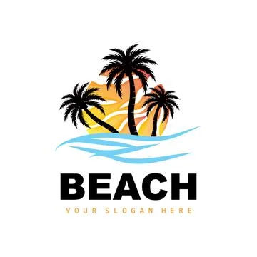 Coconut Tree Logo With Beach Atmosphere, Beach Plant Vector, Sunset View Desi Illustrazione stock