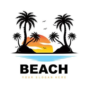 Coconut Tree Logo With Beach Atmosphere, Beach Plant Vector, Sunset View Desi Illustrazione stock