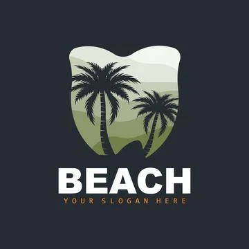 Coconut Tree Logo With Beach Atmosphere, Beach Plant Vector, Sunset View Desi Illustrazione stock