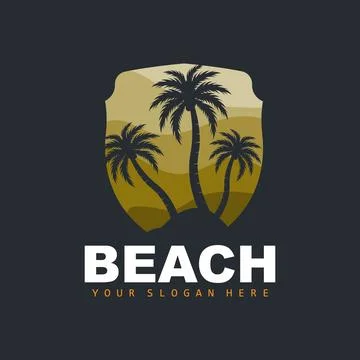 Coconut Tree Logo With Beach Atmosphere, Beach Plant Vector, Sunset View Desi Illustrazione stock