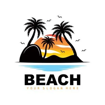 Coconut Tree Logo With Beach Atmosphere, Beach Plant Vector, Sunset View Desi Illustrazione stock