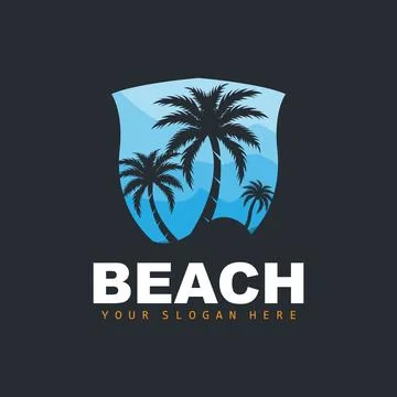 Coconut Tree Logo With Beach Atmosphere, Beach Plant Vector, Sunset View Desi Illustrazione stock