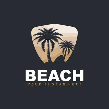 Coconut Tree Logo With Beach Atmosphere, Beach Plant Vector, Sunset View Desi Illustrazione stock