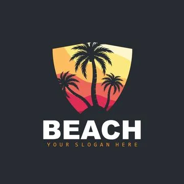 Coconut Tree Logo With Beach Atmosphere, Beach Plant Vector, Sunset View Desi Illustrazione stock