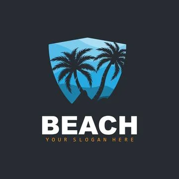 Coconut Tree Logo With Beach Atmosphere, Beach Plant Vector, Sunset View Desi Illustrazione stock