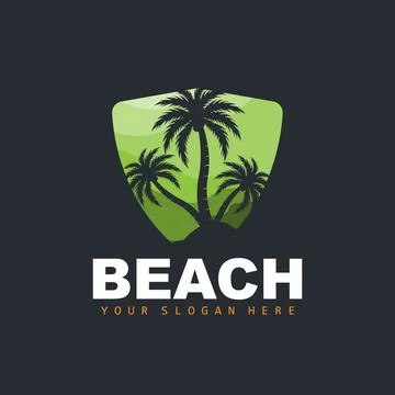 Coconut Tree Logo With Beach Atmosphere, Beach Plant Vector, Sunset View Desi 스톡 일러스트