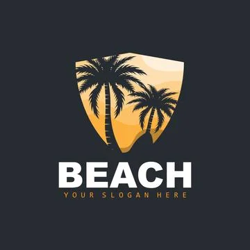 Coconut Tree Logo With Beach Atmosphere, Beach Plant Vector, Sunset View Desi Illustrazione stock