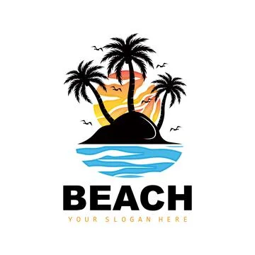 Coconut Tree Logo With Beach Atmosphere, Beach Plant Vector, Sunset View Desi Illustrazione stock