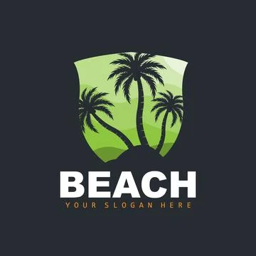 Coconut Tree Logo With Beach Atmosphere, Beach Plant Vector, Sunset View Desi Illustrazione stock