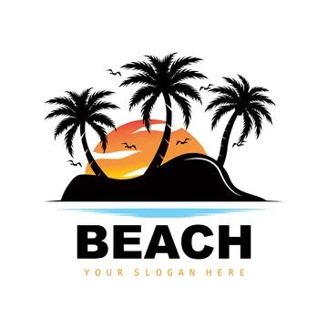 Coconut Tree Logo With Beach Atmosphere, Beach Plant Vector, Sunset View Desi Illustrazione stock