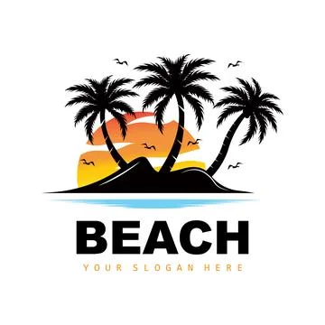 Coconut Tree Logo With Beach Atmosphere, Beach Plant Vector, Sunset View Desi 스톡 일러스트