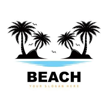 Coconut Tree Logo With Beach Atmosphere, Beach Plant Vector, Sunset View Desi Illustrazione stock
