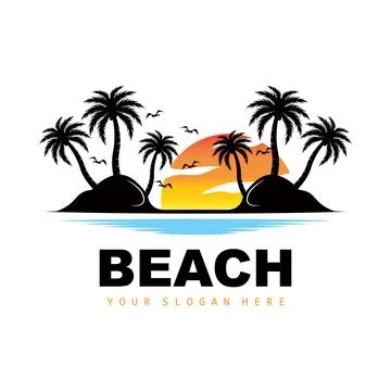 Coconut Tree Logo With Beach Atmosphere, Beach Plant Vector, Sunset View Desi 스톡 일러스트