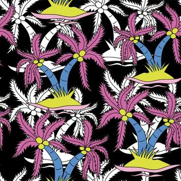 Coconut tree. The seamless vector pattern design. Black background Stock Illustration