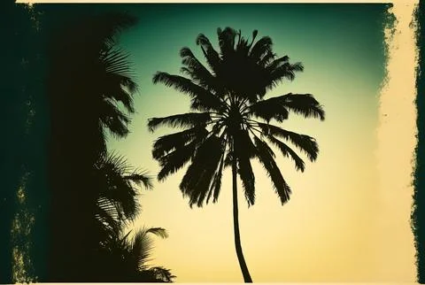 Coconut tree silhouette against a clear sky. retro filtered. Generative AI Stock Illustration