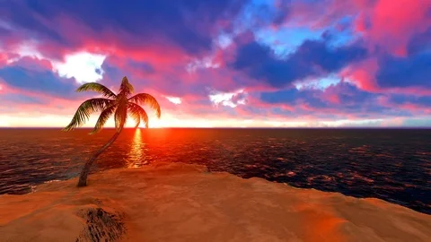 Coconut Tree on a small Island at Sunset Stock Footage 90937511