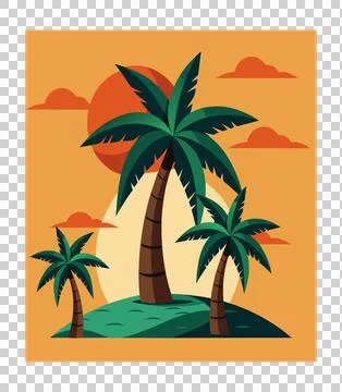 Coconut tree vector icon on an island with orange sun vector Stock Illustration