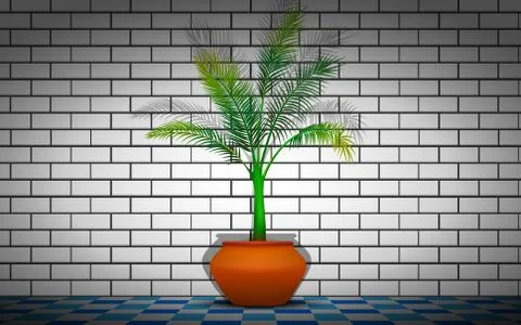 Coconut tree at the white brick wall background Stock Illustration