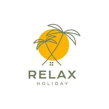 Coconut trees and sunset relax holiday minimalist lines art logo design ico.. Stockillustratie