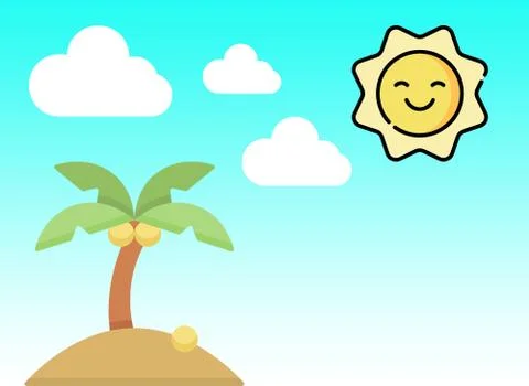 Coconut trees by the beach, white clouds, the sun smiling in the morning time 库存插图