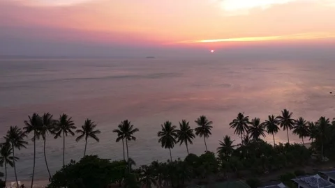 Coconut trees, sea, beach and cruise ship at sunset, Koh Samui Stockbeeldmateriaal 334453865