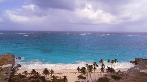Coconut trees, white sand beaches on quiet beach Stock Footage 88577860