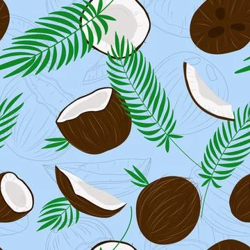 Coconut tropical seamless pattern with palm leaves. Vector, illustration イラスト素材