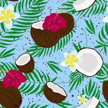 Coconut tropical seamless pattern with palm leaves, plumeria and hibiscus Illustrazione stock