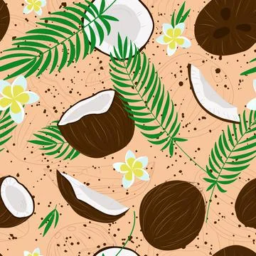 Coconut tropical seamless pattern with palm leaves, plumeria and texture Stock Illustration