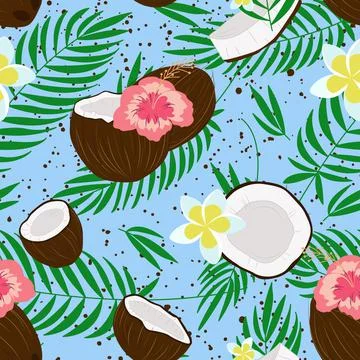 Coconut tropical seamless pattern with palm leaves, plumeria and hibiscus Stock Illustration