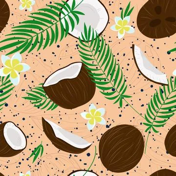 Coconut tropical seamless pattern with palm leaves, plumeria and texture Illustrazione stock