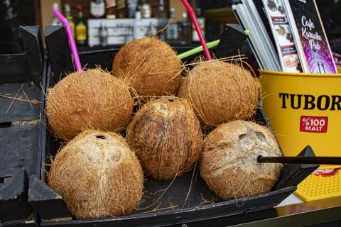 Coconut water from coconuts to drink in Beldibi, Kemer, Antalya Turkey Stock Photos