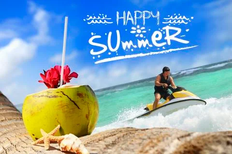 Coconuts and jetski on the beach Stock Illustration