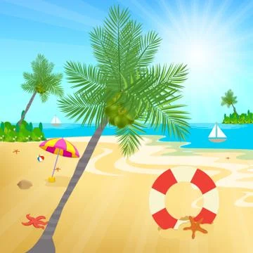 Coconuts and other beach elements on sea shore Stock Illustration