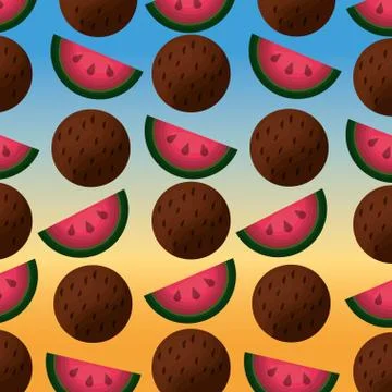 Coconuts and watermelons pattern degraded background Stock Illustration