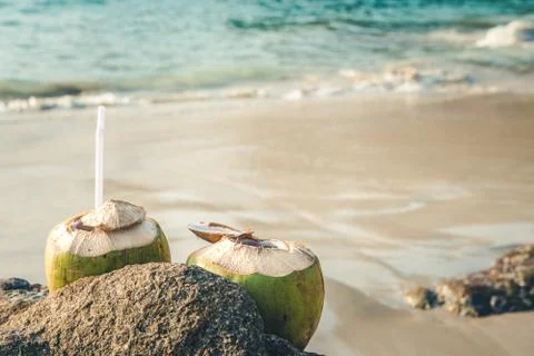 Coconuts on the background of the beach Foto stock