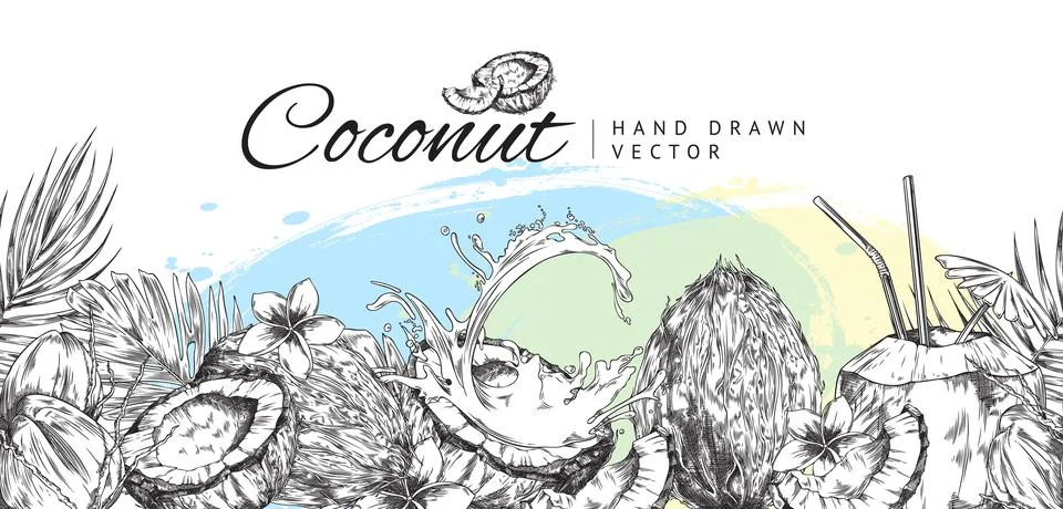 Coconuts background or border design engraving vintage vector illustration. Stock Illustration