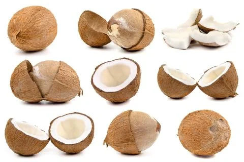 Coconuts isolated on white background. Collection. Set. 스톡 사진