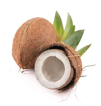 Coconuts with leaves on a white background Stock Photos