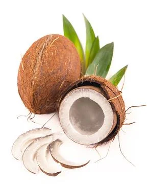 Coconuts with leaves on a white background Stock Photos
