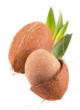 Coconuts with leaves on a white background Stock Photos