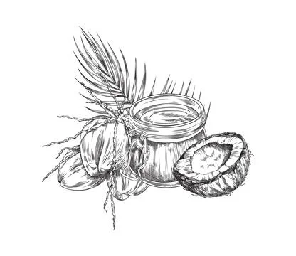 Coconuts pile with leaves of coco palm, engraving vector illustration. Stock Illustration